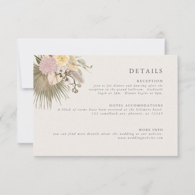 Boho Wedding Pampas Grass Palm Info Invitation (Front)