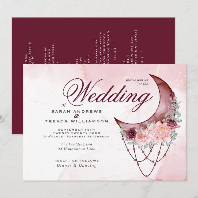 Boho Wedding Pink Crescent Moon All in One  Invitation (Front/Back)