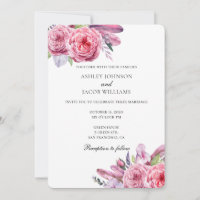 Boho wedding. Pink floral invitation. Feathers