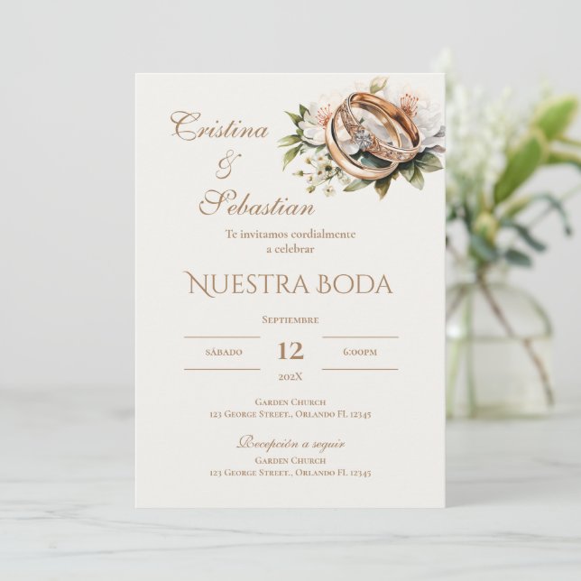 Boho wedding rings in Spanish Invitation (Standing Front)