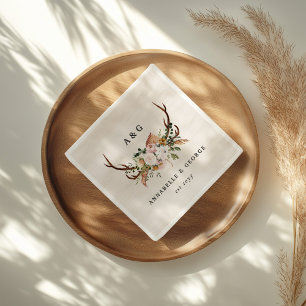 Boho Wedding Rustic Antler Floral Wedding Monogram Napkin