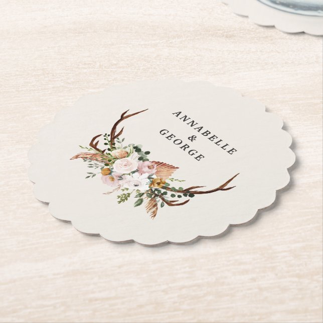Boho Wedding Rustic Antler Floral Wedding Monogram Paper Coaster (Angled)