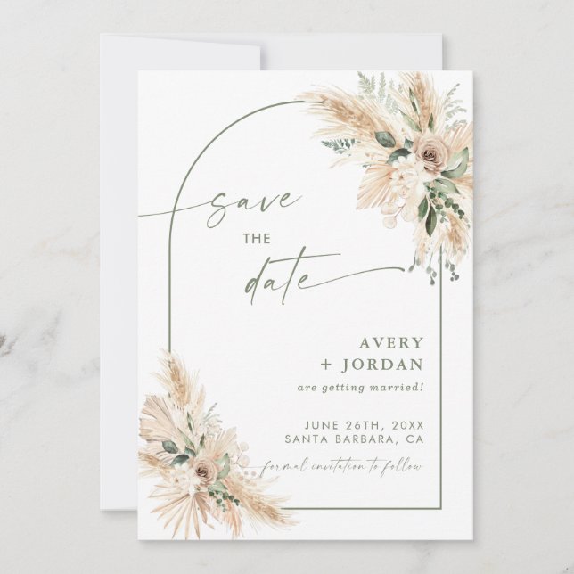 Boho Wedding Save the Date Invite | Pampas Grass  (Front)