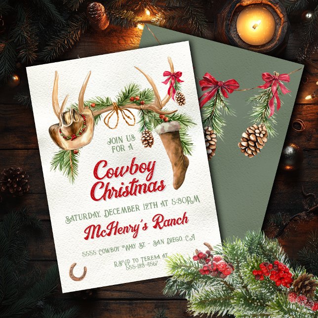 Boho Western Antler Cowboy Christmas Party Invitation (Creator Uploaded)