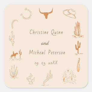 Boho Western Cowboy Illustration Wedding Square Sticker