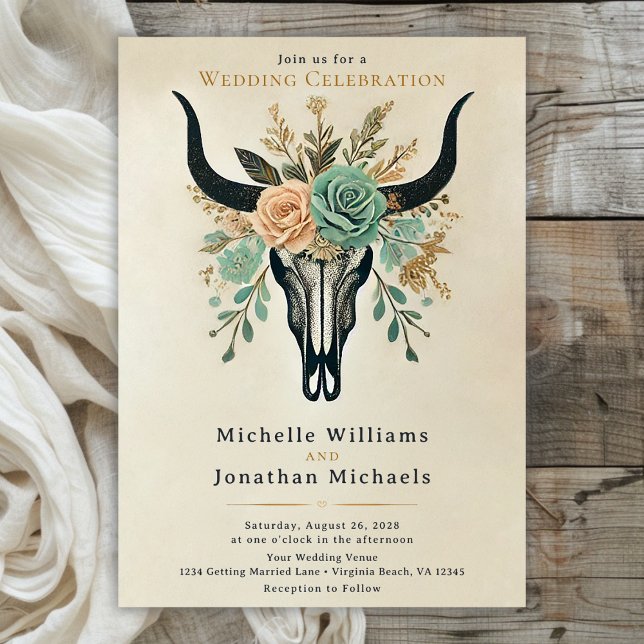 Boho Western Floral Bull Cow Skull Wedding Invitation (Front - Boho Floral Bull Skull Wedding Invitation)