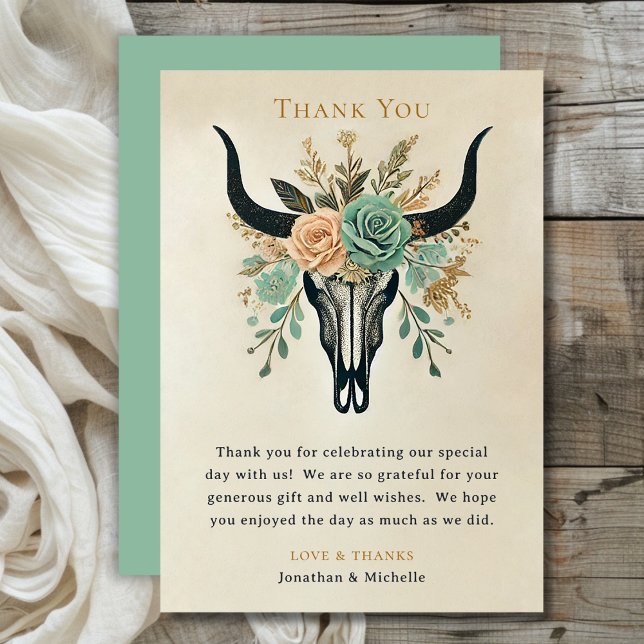 Boho Western Floral Bull Cow Skull Wedding Thank You Card (Boho Western Floral Bull Cow Skull Wedding Thank You Card)