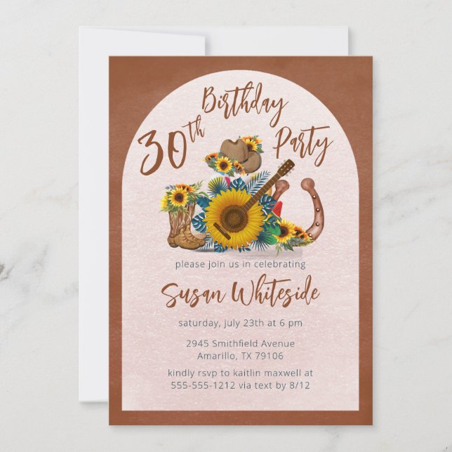 Boho Western Guitar Sunflowers 30th Birthday Party Invitation (Front)