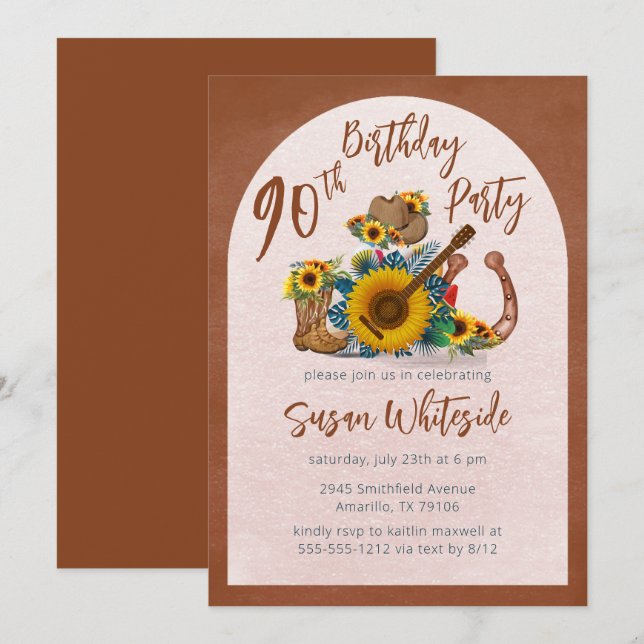 Boho Western Guitar Sunflowers 90th Birthday Party Invitation (Front/Back)