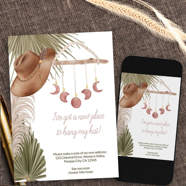 Boho Western New Place to Hang Hat Moving Announcement (cowgirl hat new address card available printed or as printable digital download)