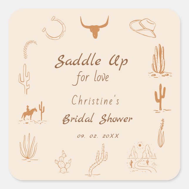 Boho Western Saddle up Cowboy Bridal shower Square Sticker (Front)