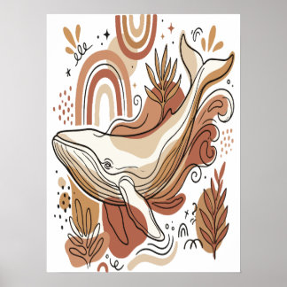 Boho Whale Botanical Ocean Art Poster