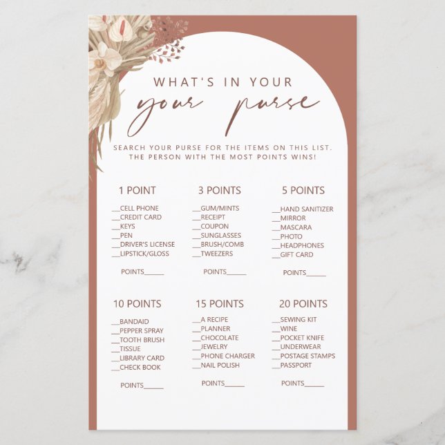 Boho what's in your purse bridal shower game (Front)
