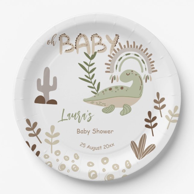 Boho whimsical dinosaur oh baby baby shower  paper plate (Front)
