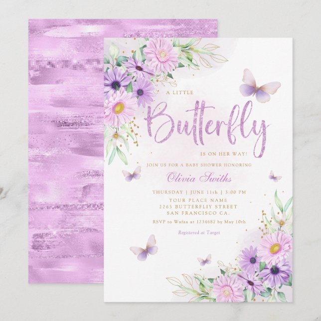 Boho Whimsical Floral Butterfly Girl Baby Shower  Invitation (Front/Back)