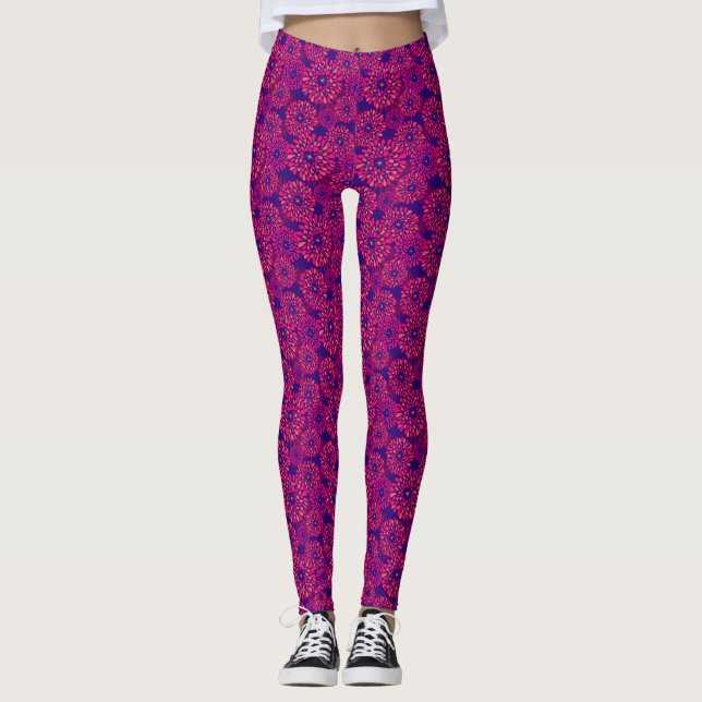 Boho Whimsical Floral Pattern Navy Fuchsia Leggings (Front)