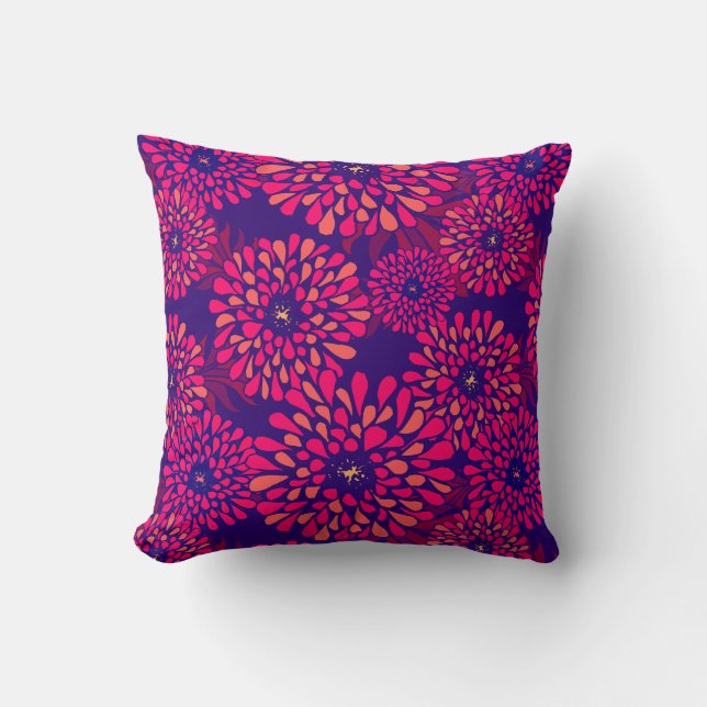 Boho Whimsical Floral Pattern Navy Fuchsia Throw Pillow (Front)
