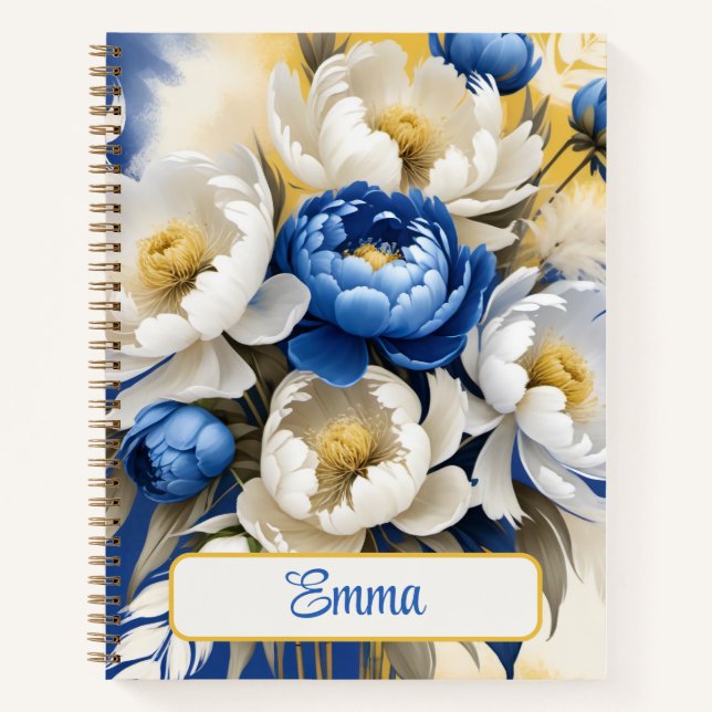 Boho White and Blue Peony Floral Spiral Notebook (Front)