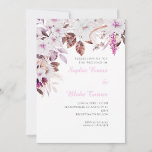 Boho White and Pink Floral Autumn White Wedding Invitation