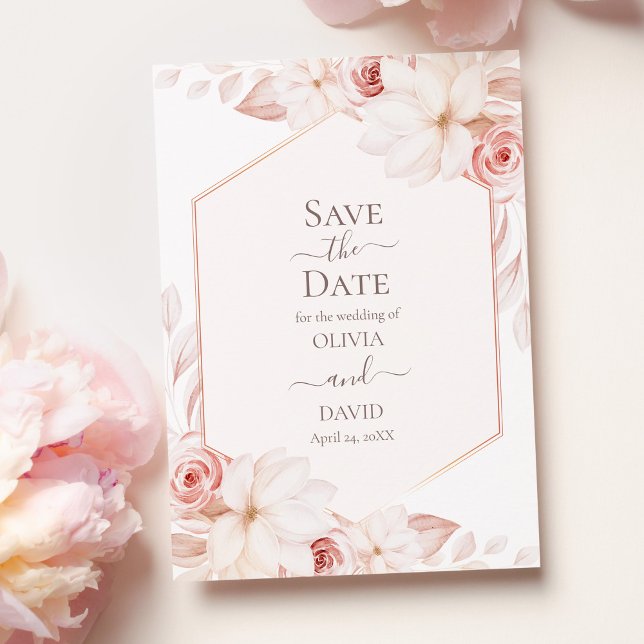 Boho White and Pink Roses Save the Date Card (Boho White and Pink Roses Save the Date Card on pink table with pale pink peonies.)