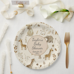Boho White Beige Jungle Animals Baby Shower Paper Plate
