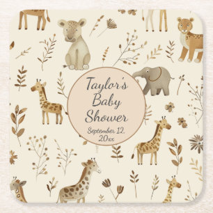 Boho White Beige Jungle Animals Baby Shower Square Paper Coaster