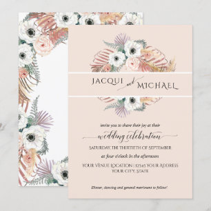 Boho White Blush Floral Palm Foliage Pampas Grass Invitation