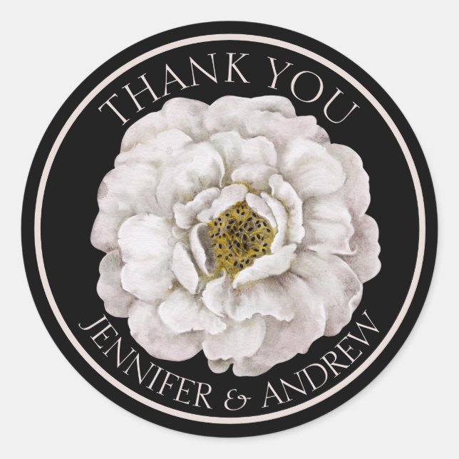 Boho White Floral & Black Wedding Favour Classic Round Sticker (Front)