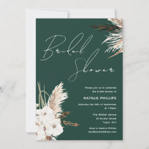 Boho White Floral Emerald Green Bridal Shower Invitation