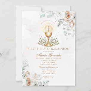 Boho White Floral Eucharist First Holy Communion Invitation