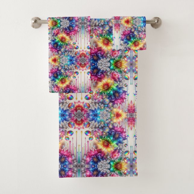 Boho White Floral Rainbow Bath Towel Set (Insitu)
