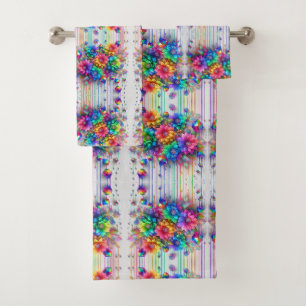 Boho White Floral Rainbow Bath Towel Set