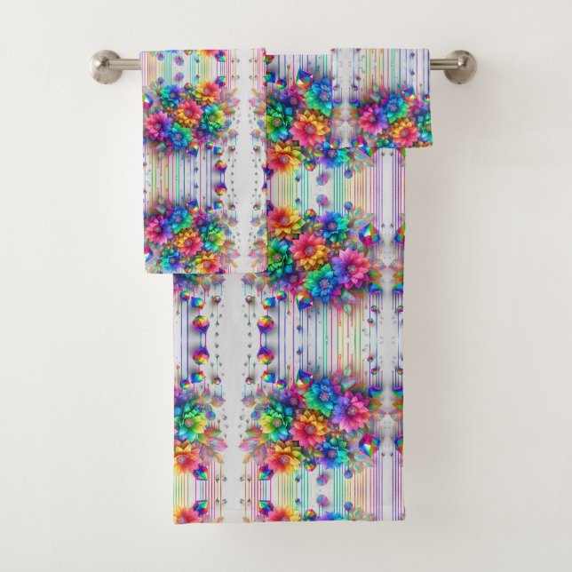 Boho White Floral Rainbow Bath Towel Set (Insitu)