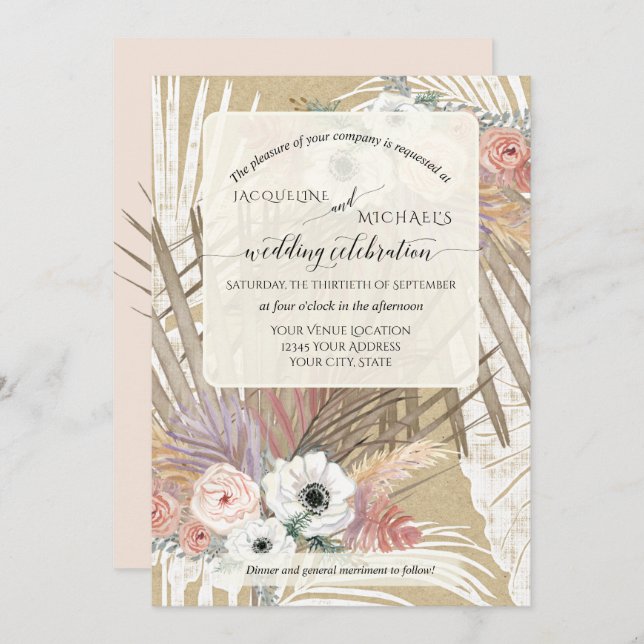BOHO White Floral Rustic Pampas Grass Tropical Invitation (Front/Back)