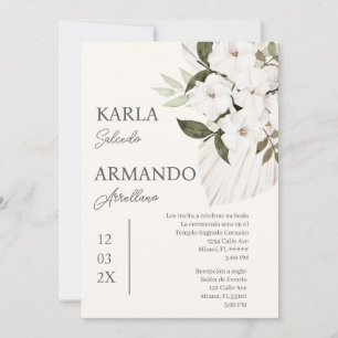 Boho white floral wedding invitation in Spanish