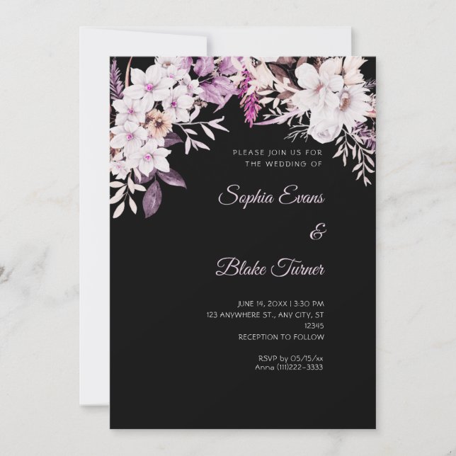 Boho White Floral Winter Black Wedding Invitation (Front)