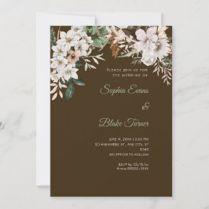 Boho White Floral Winter Mocha Brown Wedding Invitation