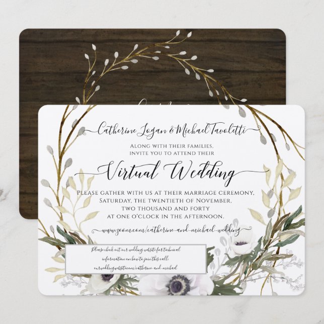 BOHO White Floral Wreath Rustic Virtual Wedding Invitation (Front/Back)