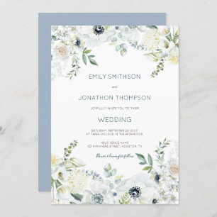 Boho White Florals Eucalyptus Leaves Wedding Invitation