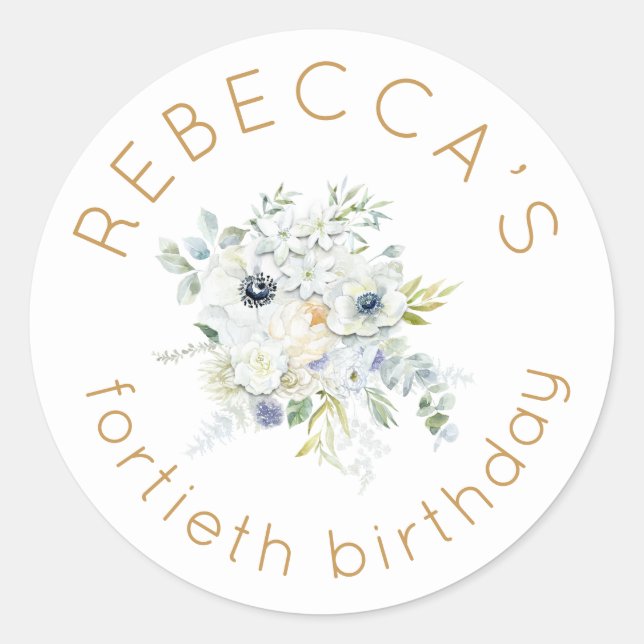 Boho White Florals Feminine 40th Birthday Classic Round Sticker (Front)