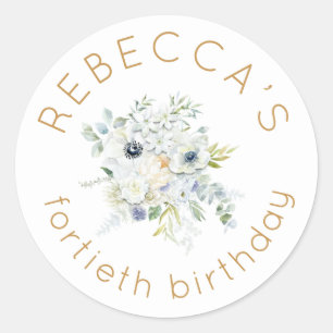 Boho White Florals Feminine 40th Birthday Classic Round Sticker