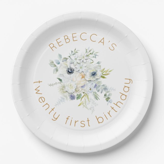 Boho White Florals Name 21st birthday Paper Plate (Front)