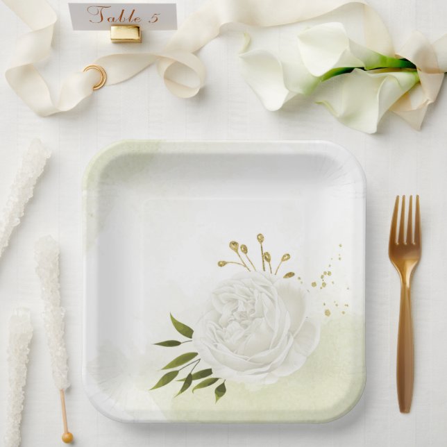 Boho white flowers green leaves botanical paper plate (Wedding)