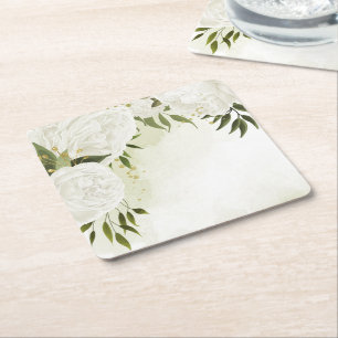 Boho white flowers green leaves botanical square paper coaster