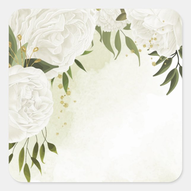 Boho white flowers green leaves botanical square sticker (Front)