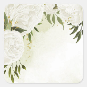 Boho white flowers green leaves botanical square sticker