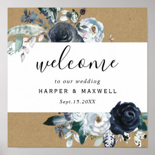 Boho White Navy Peony Brown Kraft Wedding Welcome Poster