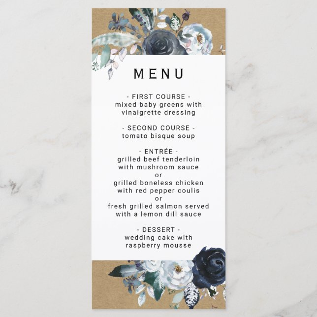 Boho White Navy Peony Faux Brown Kraft Wedding Menu (Front)