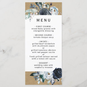 Boho White Navy Peony Faux Brown Kraft Wedding Menu