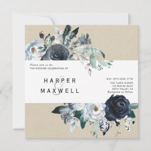 Boho White Navy Peony Kraft Wedding Square Invitation